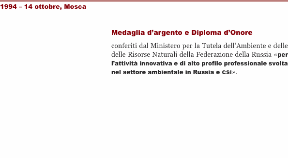 1994 – 14 ottobre, Mosca Medaglia d’argento e Diploma d’Onore c