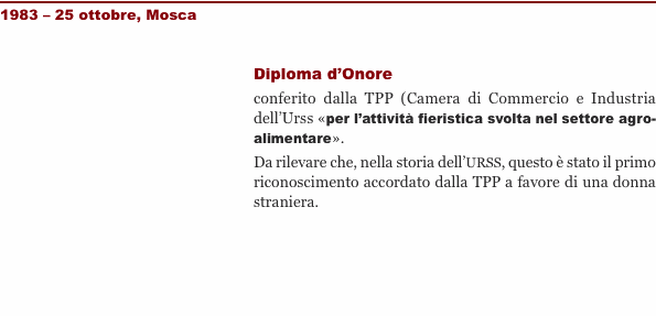 1983 – 25 ottobre, Mosca Diploma d’Onore conferito dalla TPP (C